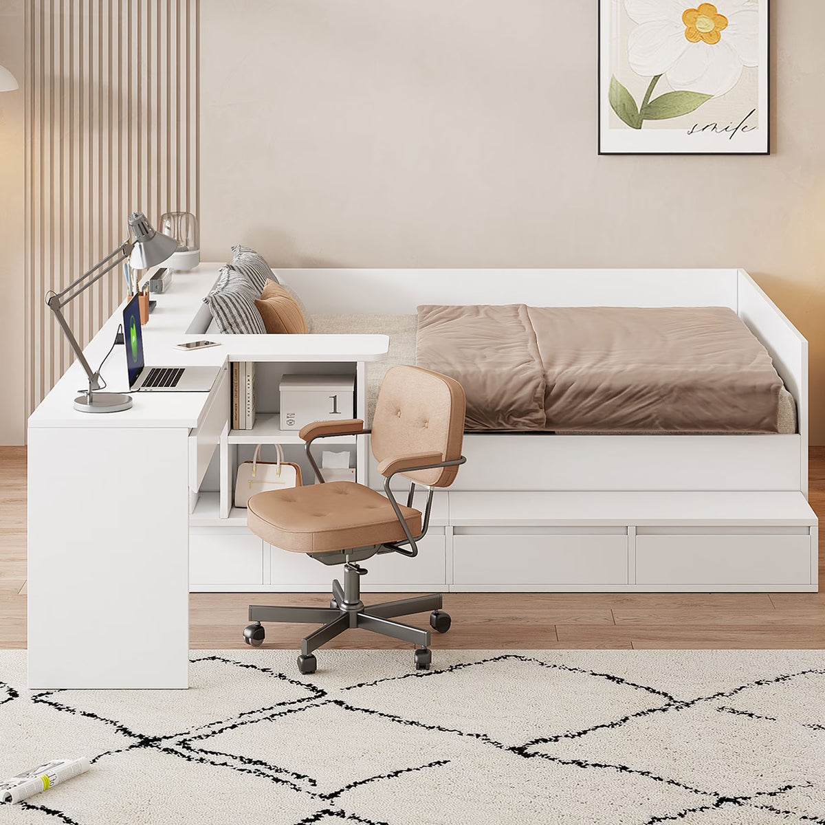 Full Size White Wooden Platform Bed w/ 6 Drawers, Vanity Desk &amp; Shelves - Bedroom Furniture. Space-saving design. Includes storage, perfect for small spaces. 75.3"L x 100.9"W.