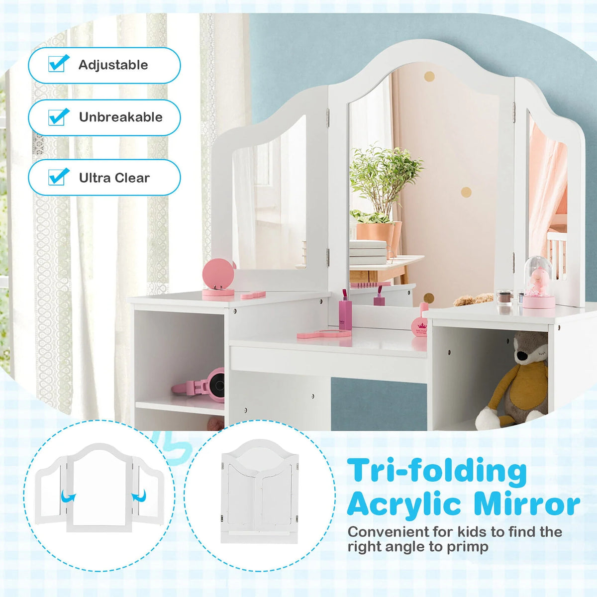 Gymax Kids Vanity 2 in 1 Princess Makeup Desk & Chair Set Safe Tri-fold Mirror White