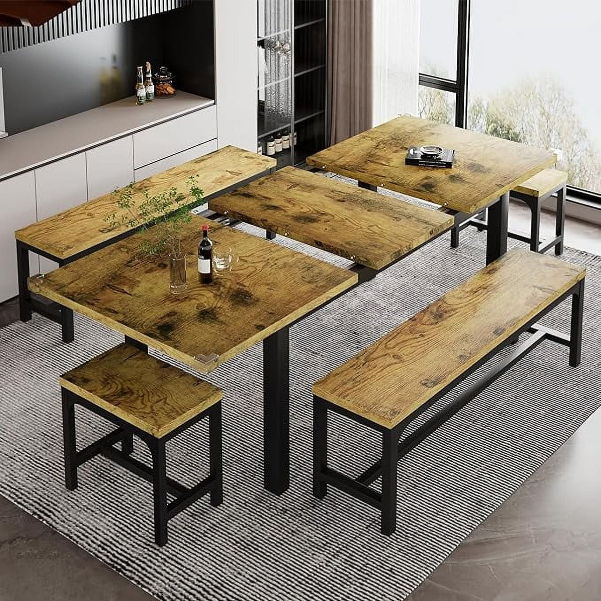 iPormis 5-Piece Dining Table Set for 4-8 People, Extendable Kitchen Table Set with 2 Benches and 2 Square Stools, Black