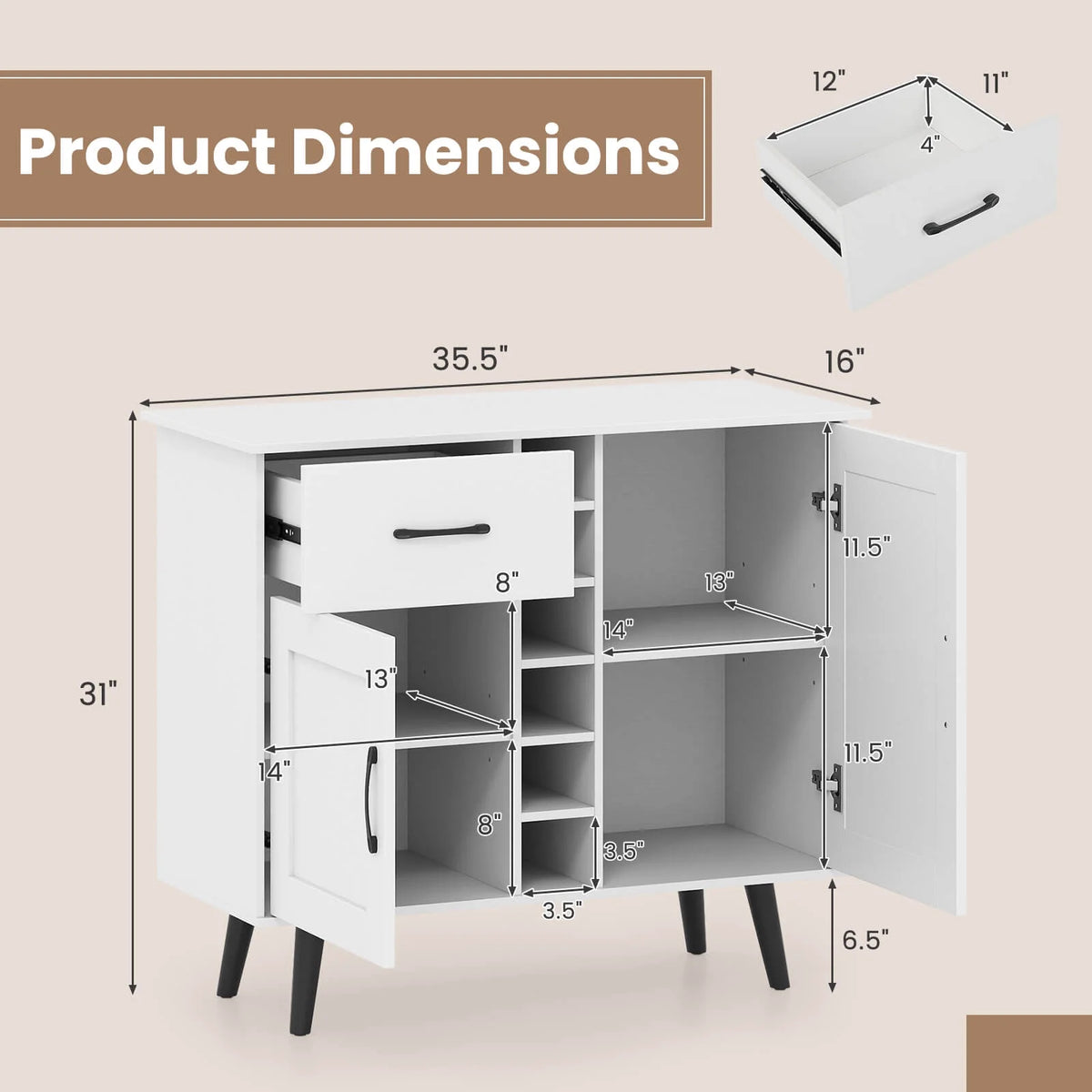 Costway 2-Door Wine Bar Cabinet Kitchen Sideboard Buffet with Drawer & Adjustable Shelves Natural