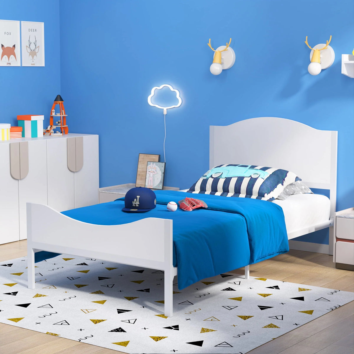 Yoneston Twin Size Kids Metal Platform Bed Frame with Wood Headboard, Modern Single Bed Frames for Children, Teens & Adults, No Box Spring Needed, White