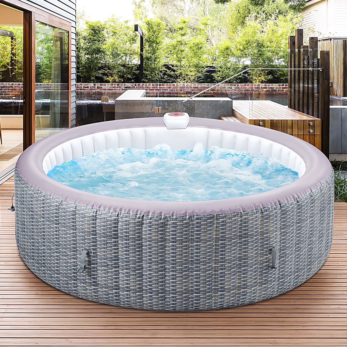 Portable Inflatable Hot Tub with Built-in Heating System - 264 Gallon Capacity, Massage Jet Home Hot Tub with Dust Cover for Teens and Adults, Wood Grain
