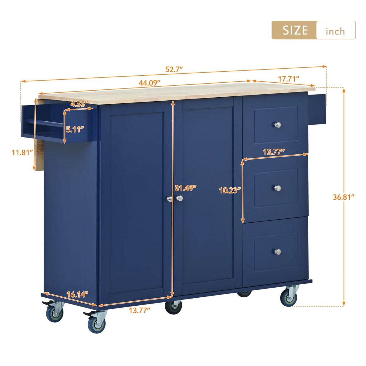 Kitchen Cart with Solid Wood Top and Drop Leaf Breakfast Bar, Rolling Mobile Kitchen Island with Storage, Spice Rack and Towel Rack, 52.7 Inch Width, Grey Blue