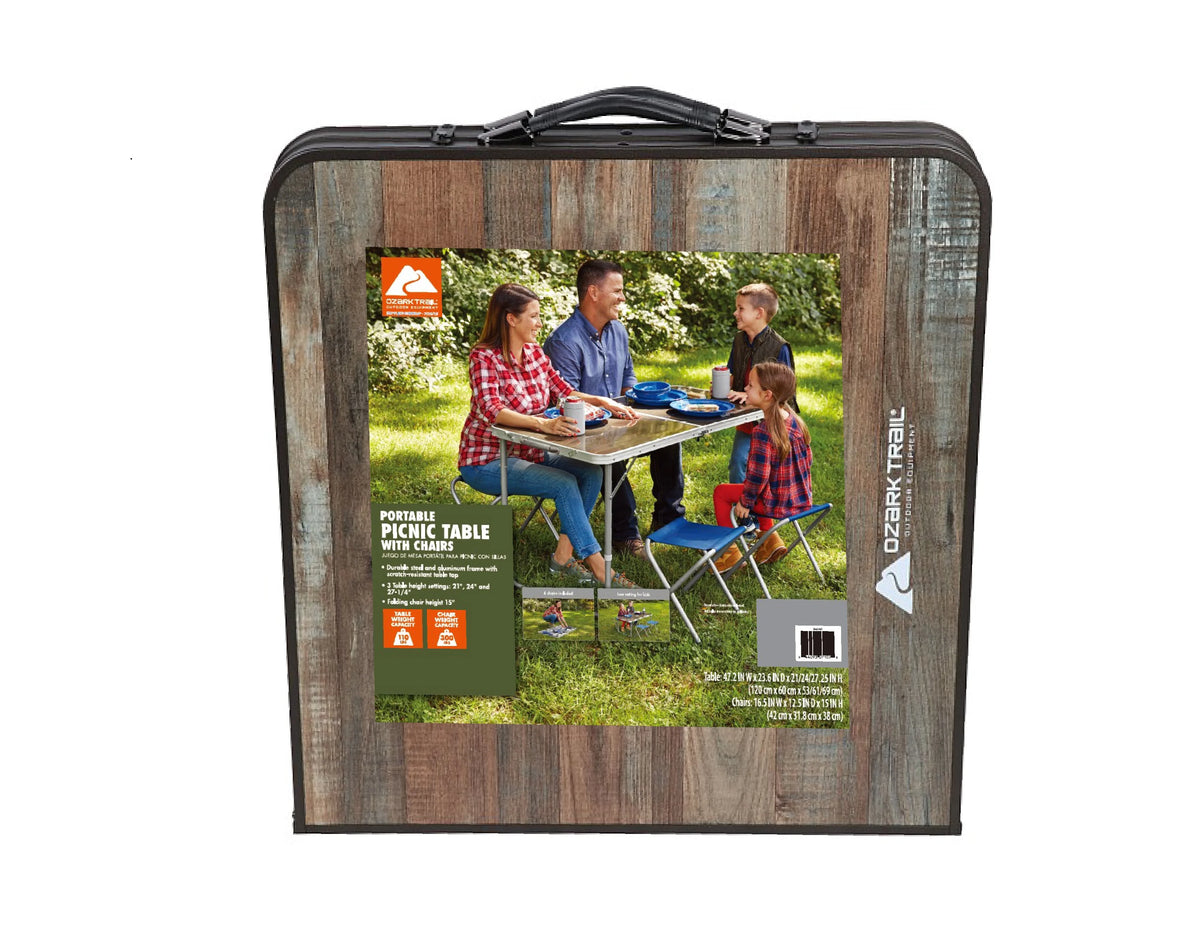 Ozark Trail Durable Steel and Aluminum Table and Stools, Open Dims 19.29"x 24.6", Brown
