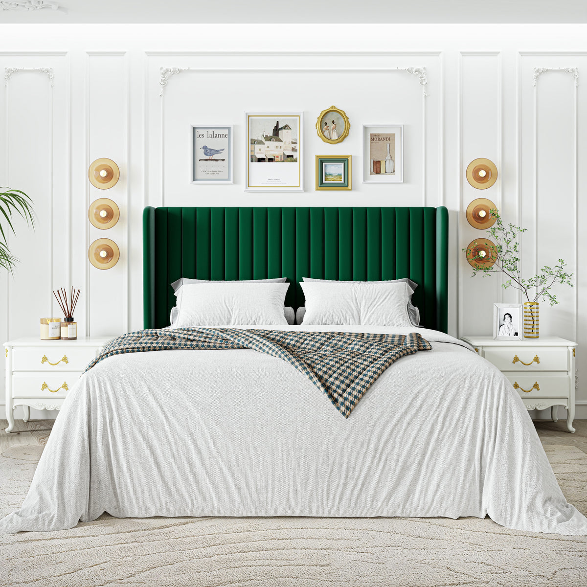 Sha Cerlin Queen Size Upholstered Platform Bed Frame with Velvet Channel Wingback Headboard, Off White