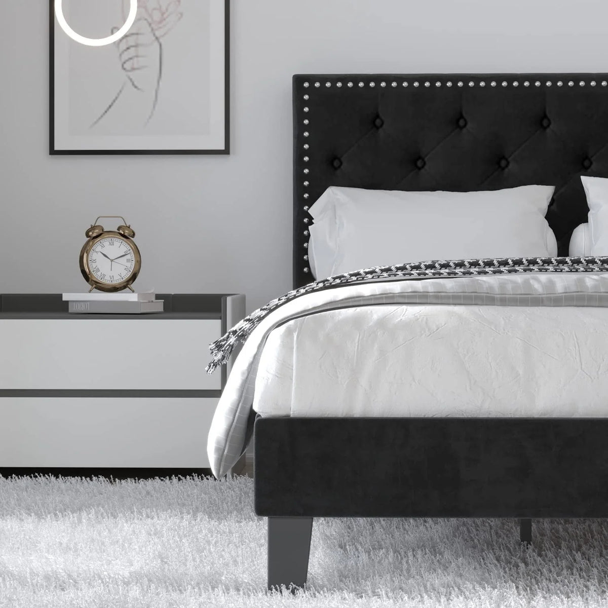 Catrimown Full Bed Frame, Upholstered Platform Bed Frame with Adjustable Button Tufted Nailhead  Headboard, Black