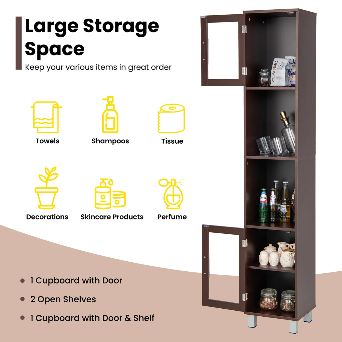 Costway 71'' Tall Tower Bathroom Storage Cabinet Organizer Display Shelves Bedroom Grey
