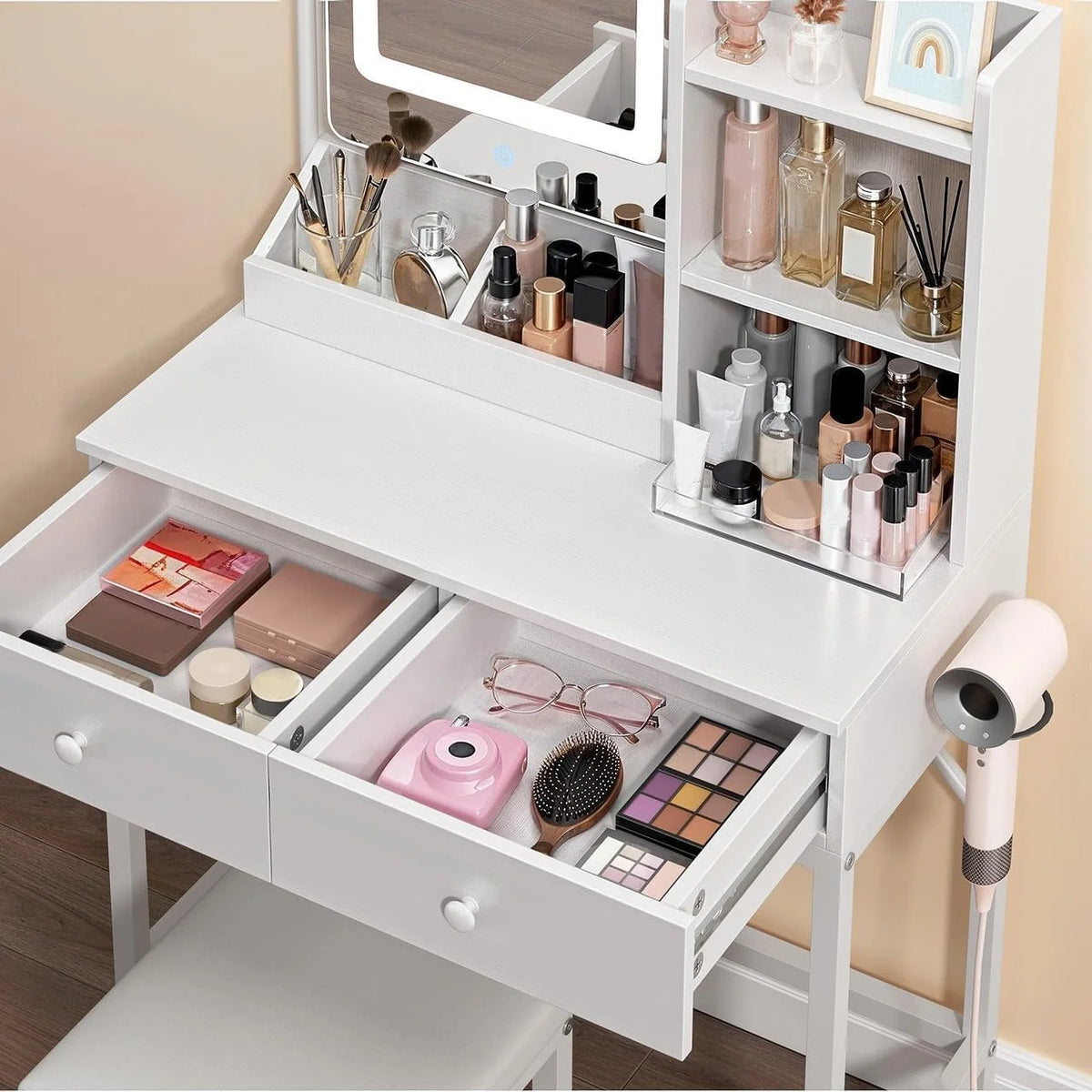 Makeup Vanity Desk with Mirror and Lights, 43.5�� Vanity Table with 5 Drawers & Storage Shelves, White