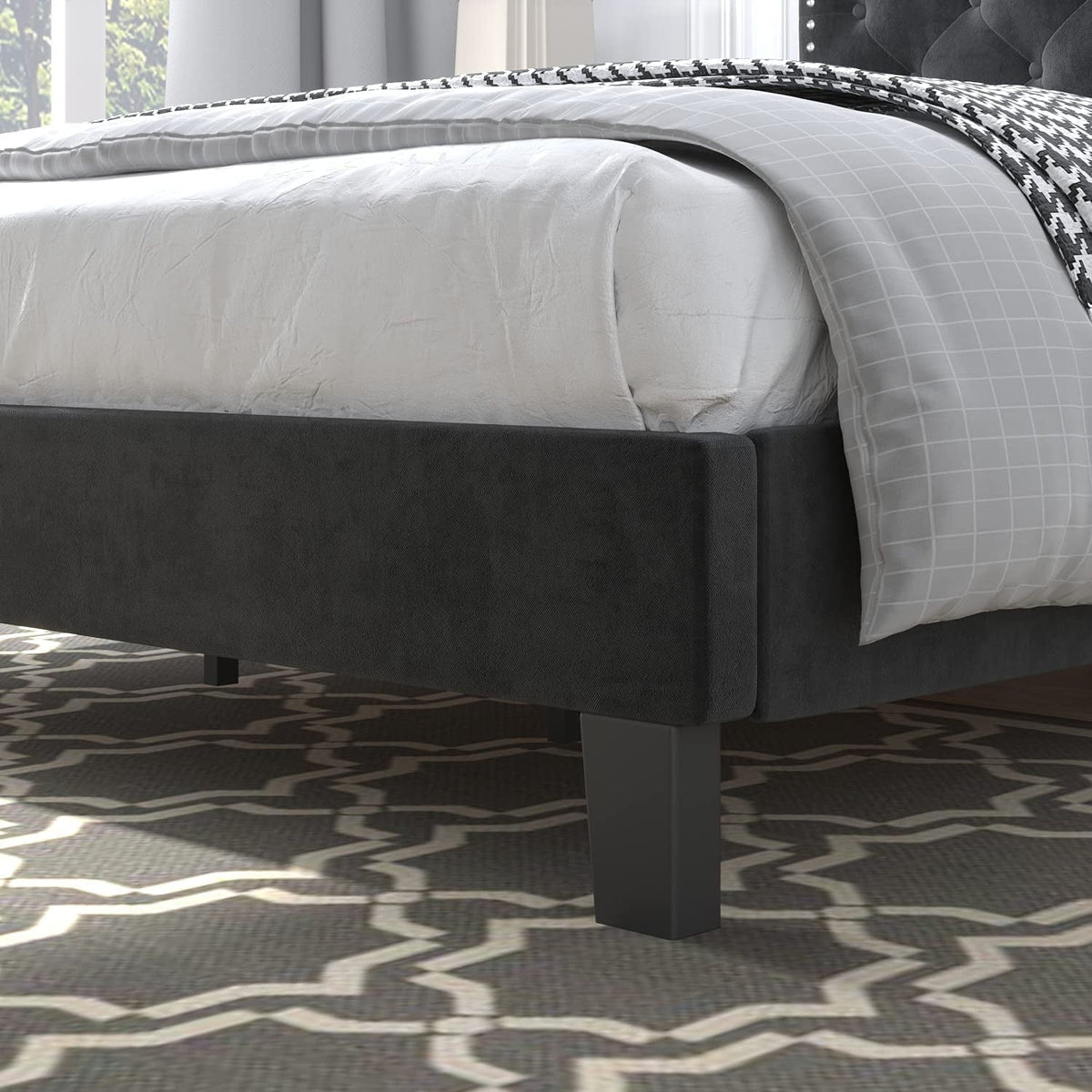 Catrimown Full Bed Frame, Upholstered Platform Bed Frame with Adjustable Button Tufted Nailhead  Headboard, Black