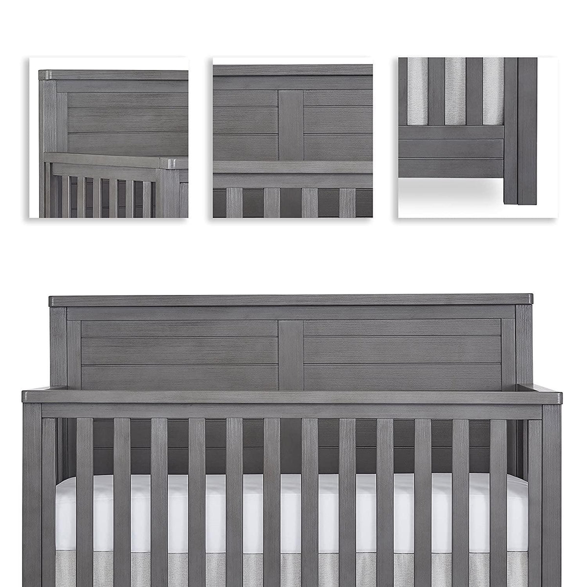 Evolur Belmar Flat 5-in-1 Convertible Crib. Rustic Grey