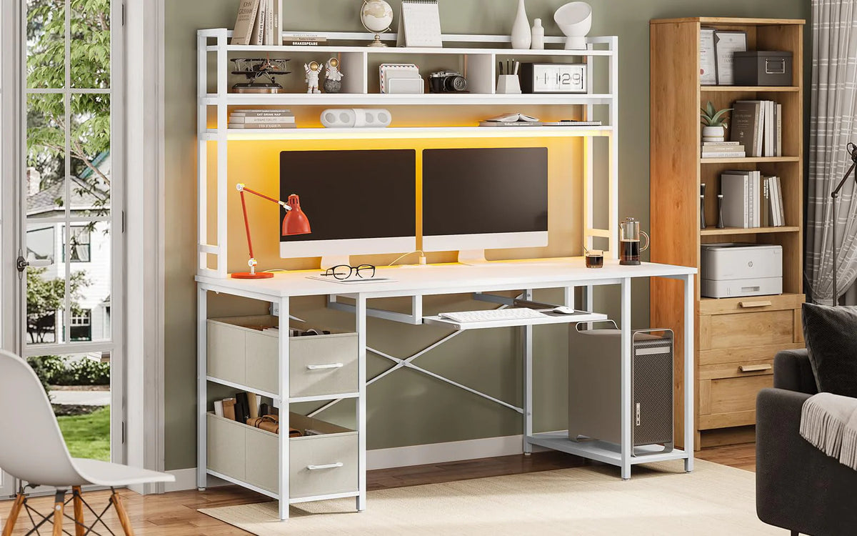 55" Computer Desk with Drawer&Power Outlet, Industrial Home Office Table Gaming Desk PC Study Workstation with Hutch&LED Lights&Adjustable Shelves,White