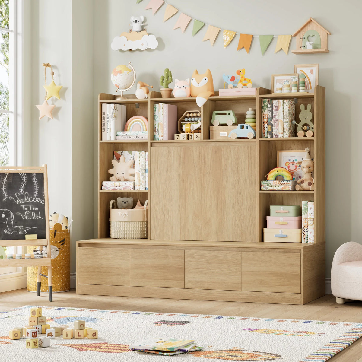 Homfa 10 Cubes Kids Toy Storage Organizer, 4 Drawers Kids Bookcase and Bookshelf with Doors & Adjustable Shelves for Playroom Kids Room, White
