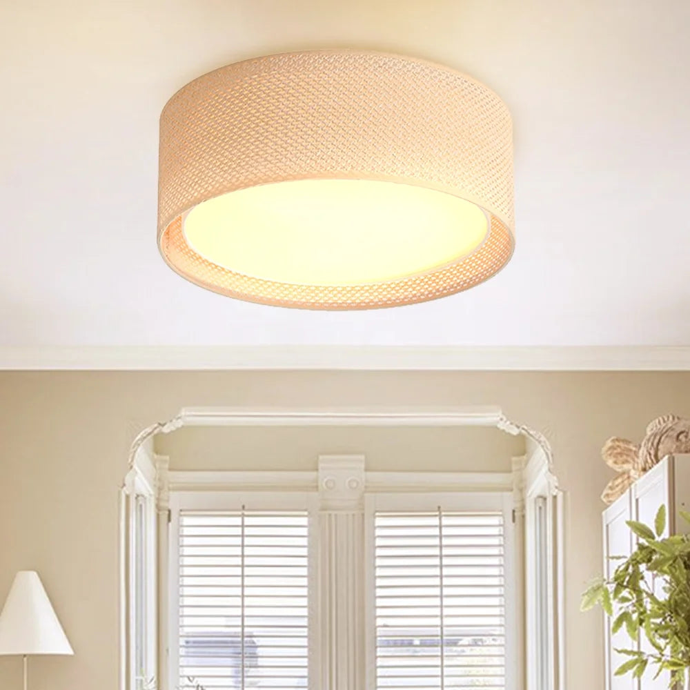 LEDET 15.7 in. Yellow Flush Mount Ceiling Light Rattan Weaving Shade Home Decor Pendant Lighting