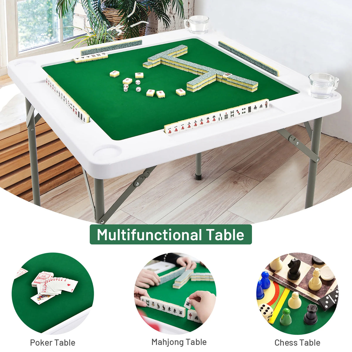 Goplus 35'' 4-Player Mahjong Card Game Portable Folding Table w/Cup & Coin Holder