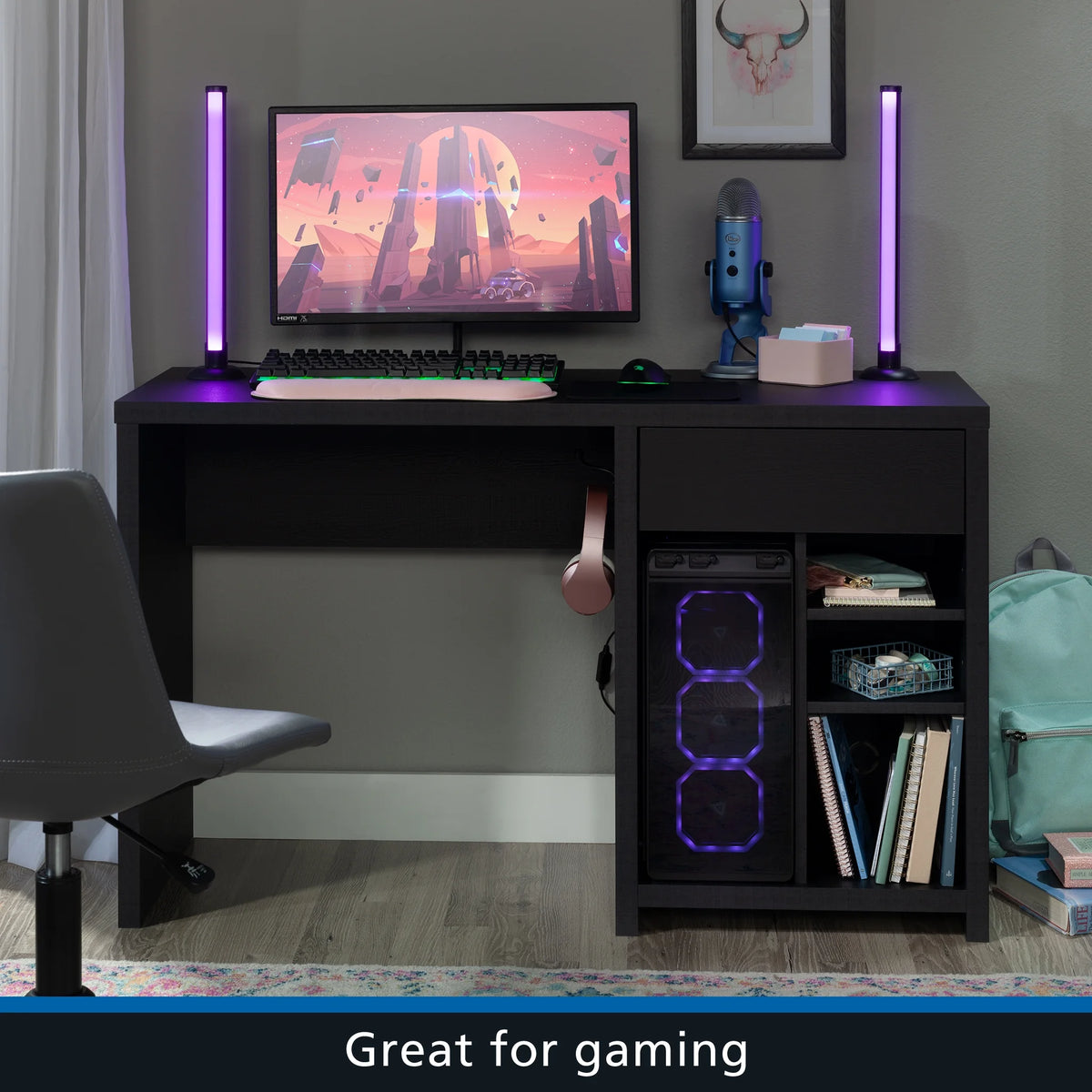 Mainstays Westley Adjustable Shelf Desk with Gaming Headphone Hook and Cable Management, Warm Walnut Finish