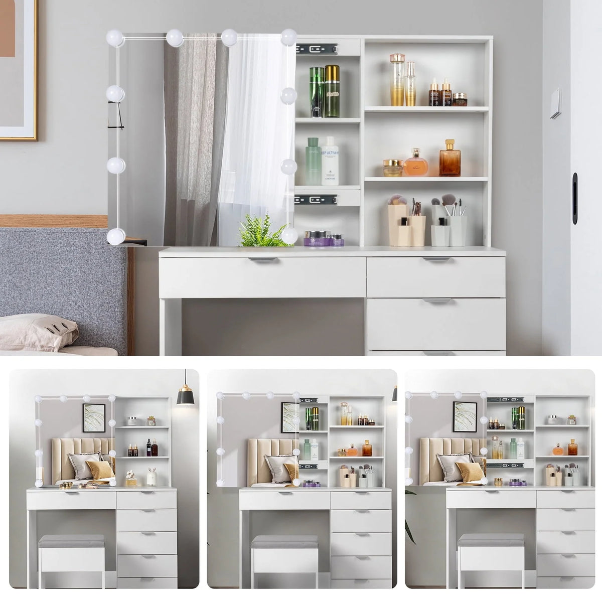 Ktaxon Vanity Set with 3 Color Lighted Mirror, Makeup Table with 6 Drawers, Dressing Table Makeup Desk with Stool,White