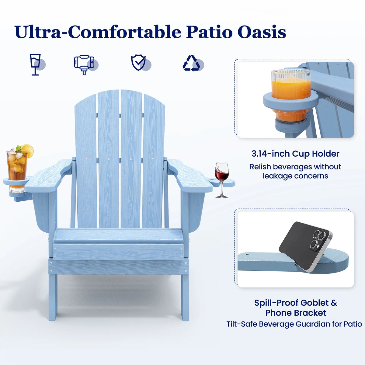SERWALL Folding Adirondack Chair Set with Dual Cup Holders & Phone Holder, All-Weather HDPE Fire Pit Chairs for Outdoor, Patio, Poolside, Garden - Black