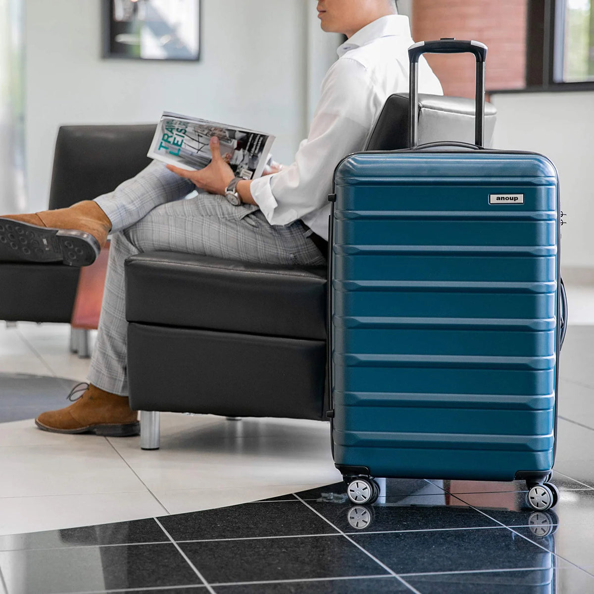 anoup Samsonite Omni PC Hardside Expandable Luggage with Spinner Wheels, Checked-Medium 24-Inch, Caribbean Blue