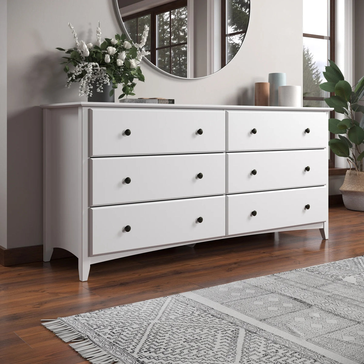 Camaflexi Shaker Style 6 Combo Drawer Dresser Wood Bedroom Furniture, White Finish