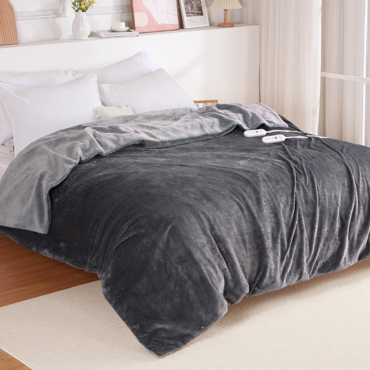 GAOMON Electric Heated Blanket King Size with Dual Control �C Sherpa Throw Blanket with 4 Fast Heating Levels & 10 Hours Auto Off, Machine Washable, ETL Certified, Gray
