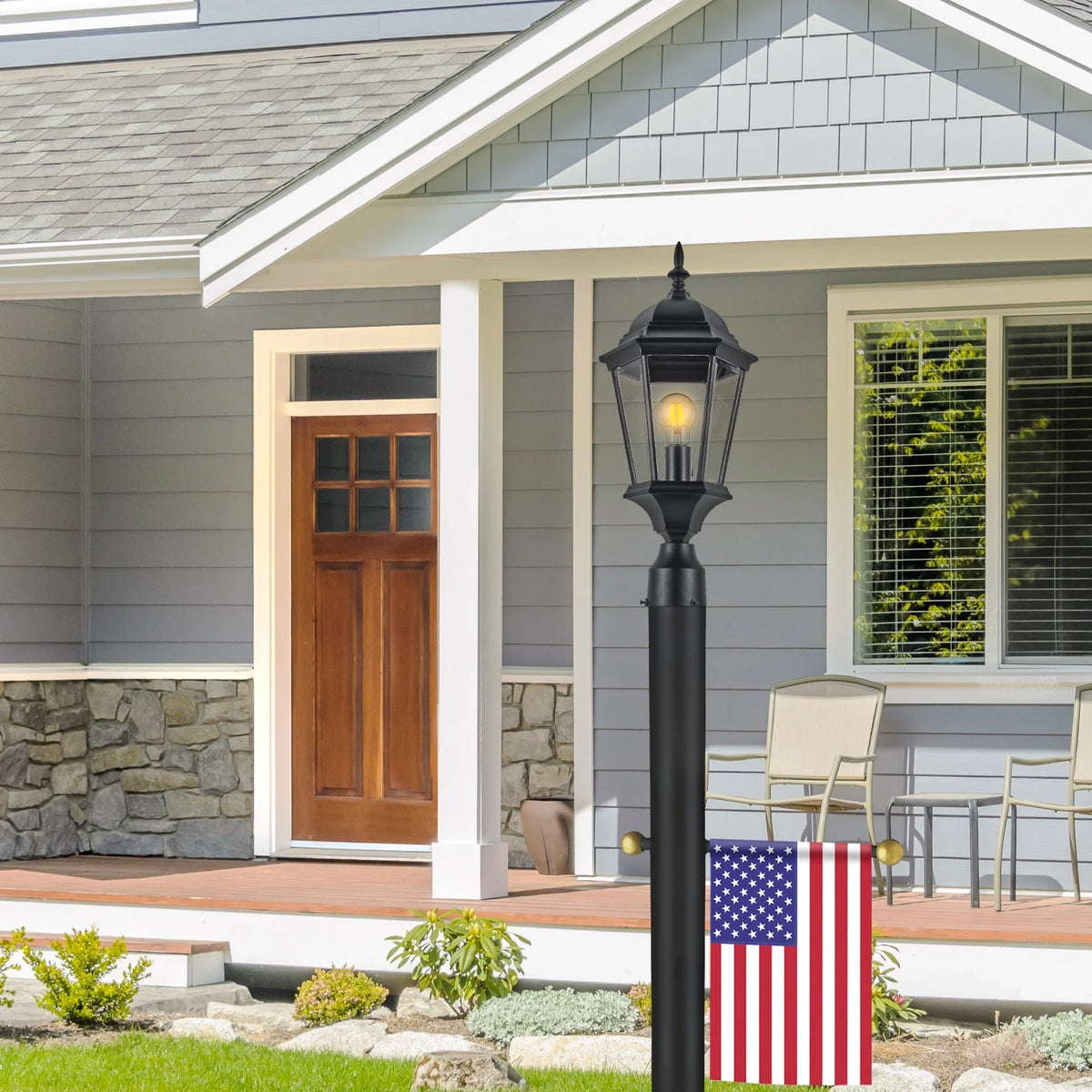 Design House 80" Traditional Weather-Resistant Outdoor Lamp Post with Cross Arm, Black