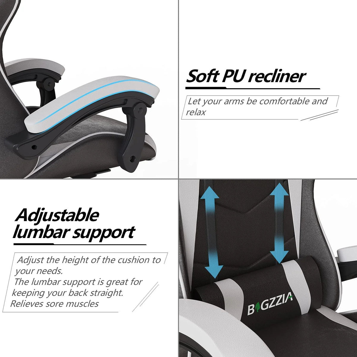 Bigzzia Gaming Chair Pu Leather Office Chair with Ergonomic Lumbar Pillow, Reclining Racing Game Chair Backrest and Seat Height Adjustable Swivel Recliner,Esports Chair with Headrest,Blue