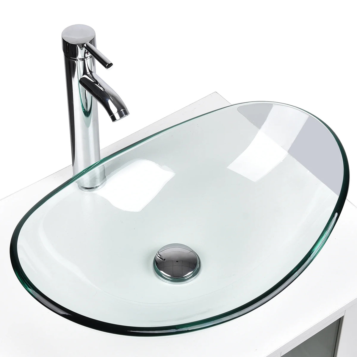 FULLWATT Bathroom Ceramic Sink Vanity Vessel Basin Porcelain Faucet Drain Combo Rectangle,White