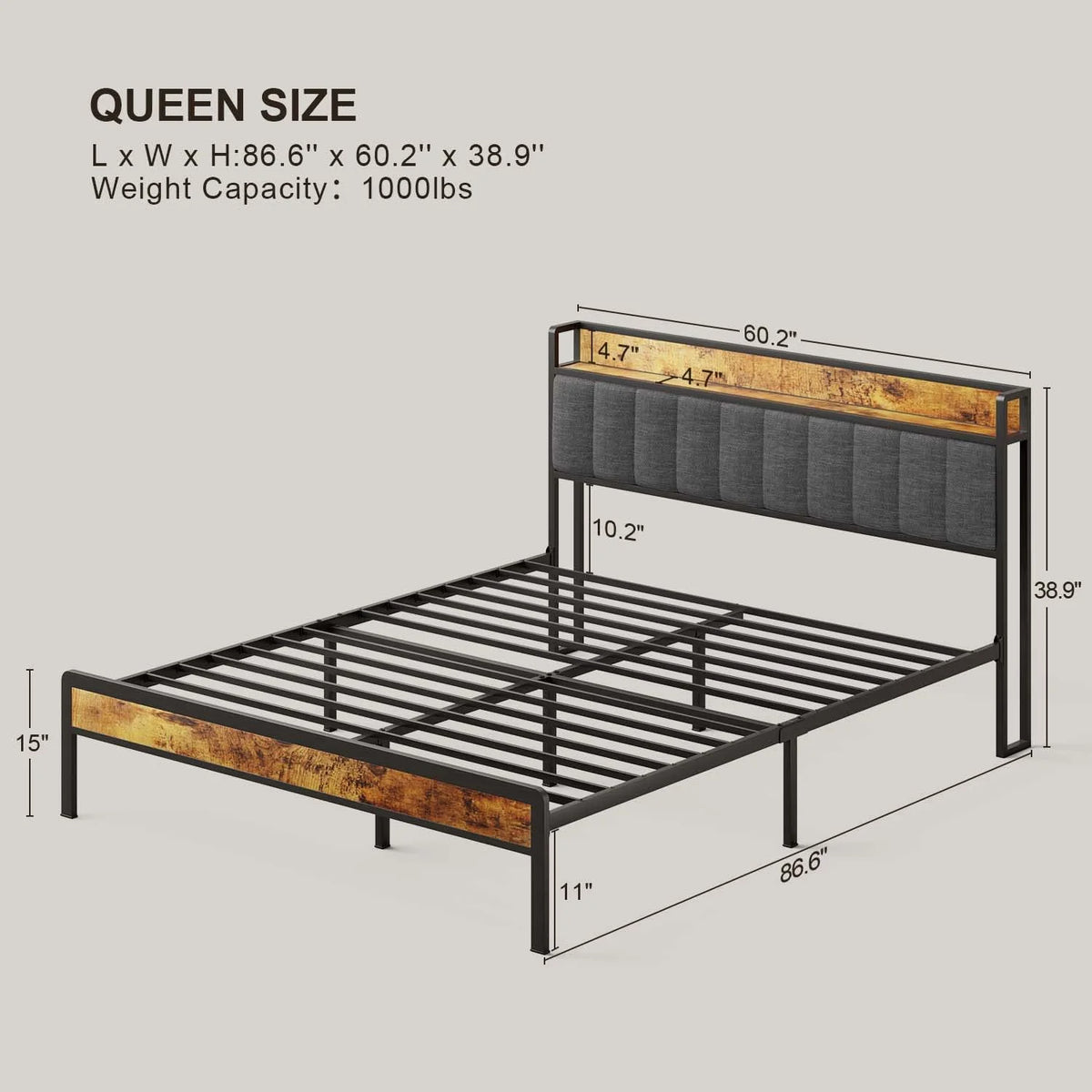 Lofka Queen Size Bed Frame with Upholstered Wingback Headboard Beige Finish