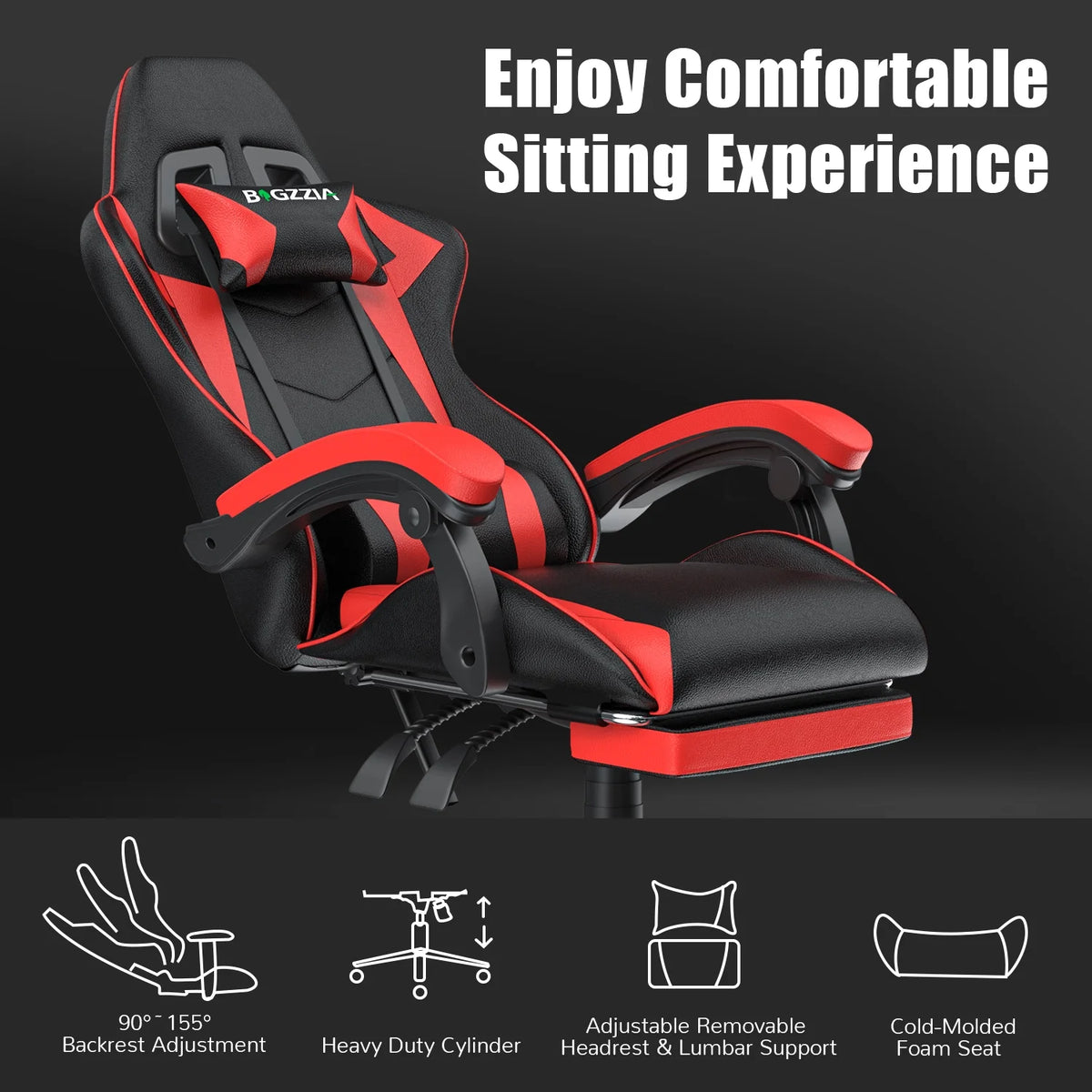 Bigzzia Gaming Chair Pu Leather Office Chair with Ergonomic Lumbar Pillow, Reclining Racing Game Chair Backrest and Seat Height Adjustable Swivel Recliner,Esports Chair with Headrest,Blue