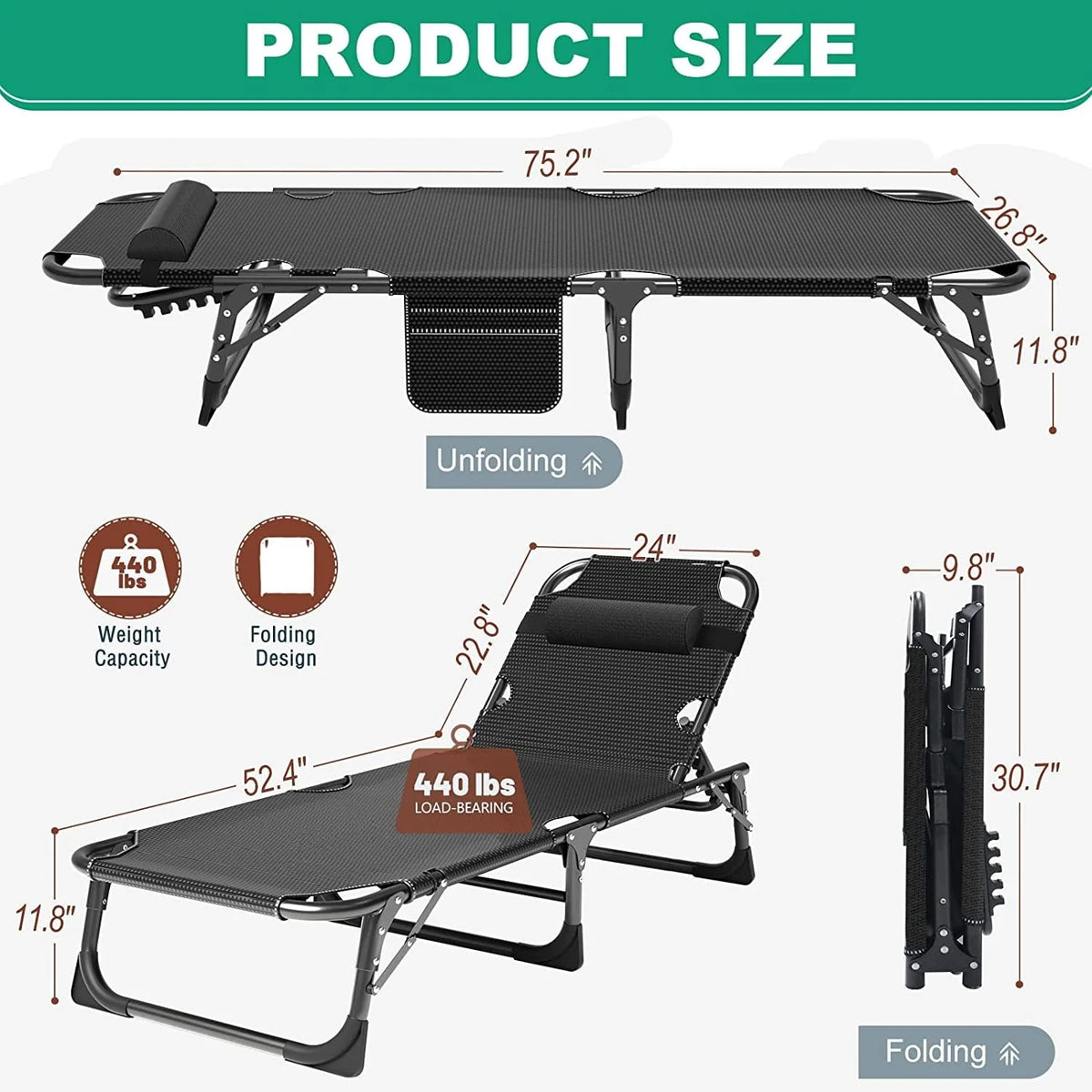 ABORON Folding Camping Cot with 2-Sided Pad & Pillow for Adults & Kids, Adjustable 5-Position Folding Lounge Chair, Folding Cot, Sleeping Cots Bed