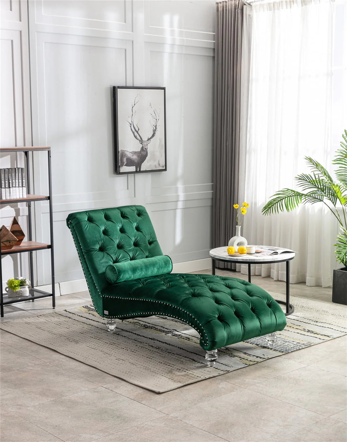 Velvet Chaise Lounge Chair, Modern Button Tufted Lounge Chair with Acrylic Legs and Nailhead Trim, Upholstered Sleeper Chair with Toss Pillow for Living Room Bedroom, Purple