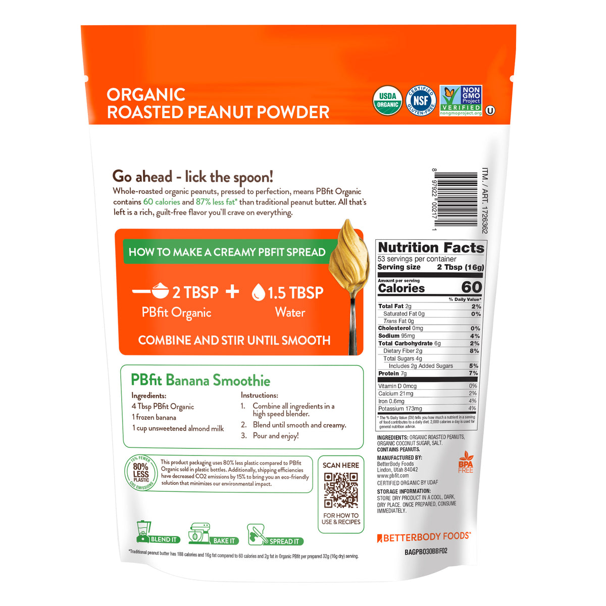 PBfit Organic Peanut Butter Powder, 30 oz