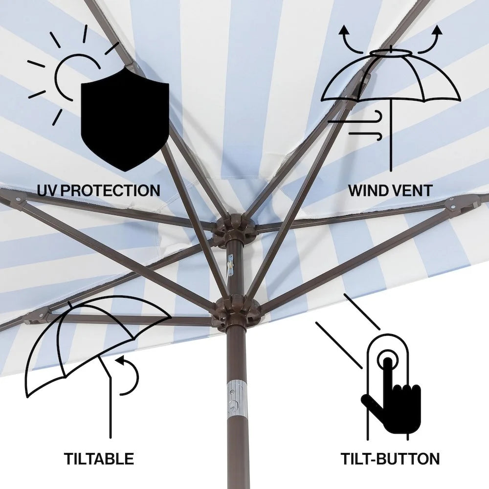 JONATHAN Y Beverly 9 ft. Half Market Patio Umbrella, Designer Classic Scalloped Fringe with Crank, Tilt Button and UV Protection, Blue/White/Cream, Dark Brown Pole