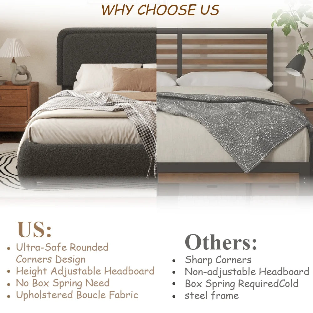 VIPLOV King Size Boucle Bed Frame, Cloud Upholstered Platform Bed with Height Adjustable Headboard & Soft Rounded Corners, No Noise Free, Easy Assembly,Beige
