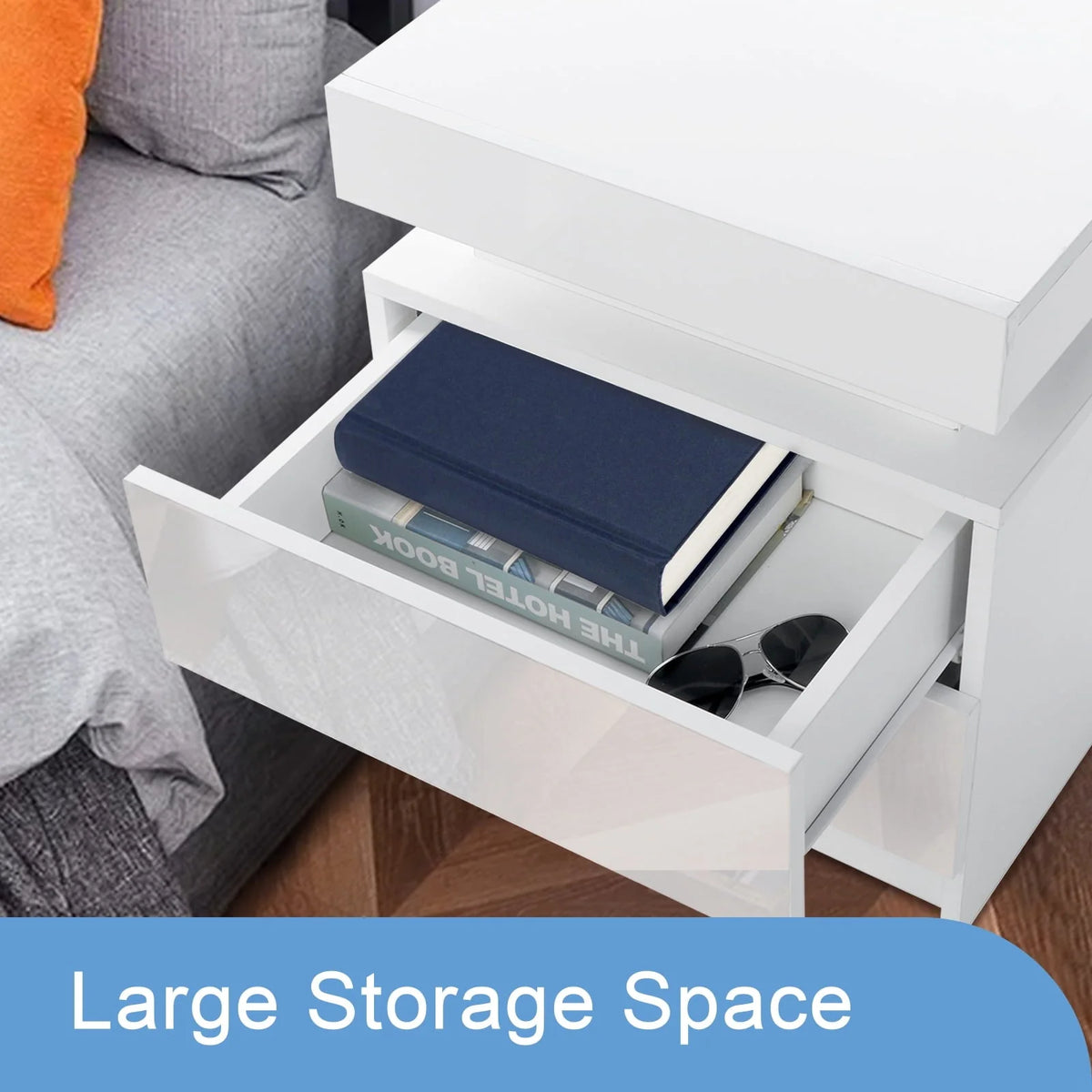Hommpa Modern LED Nightstand with 2 Drawers High Gloss Led Light Bedside Table Storage White Night Table with Lights End Side Table with Drawer for Bedroom 20.5" Tall