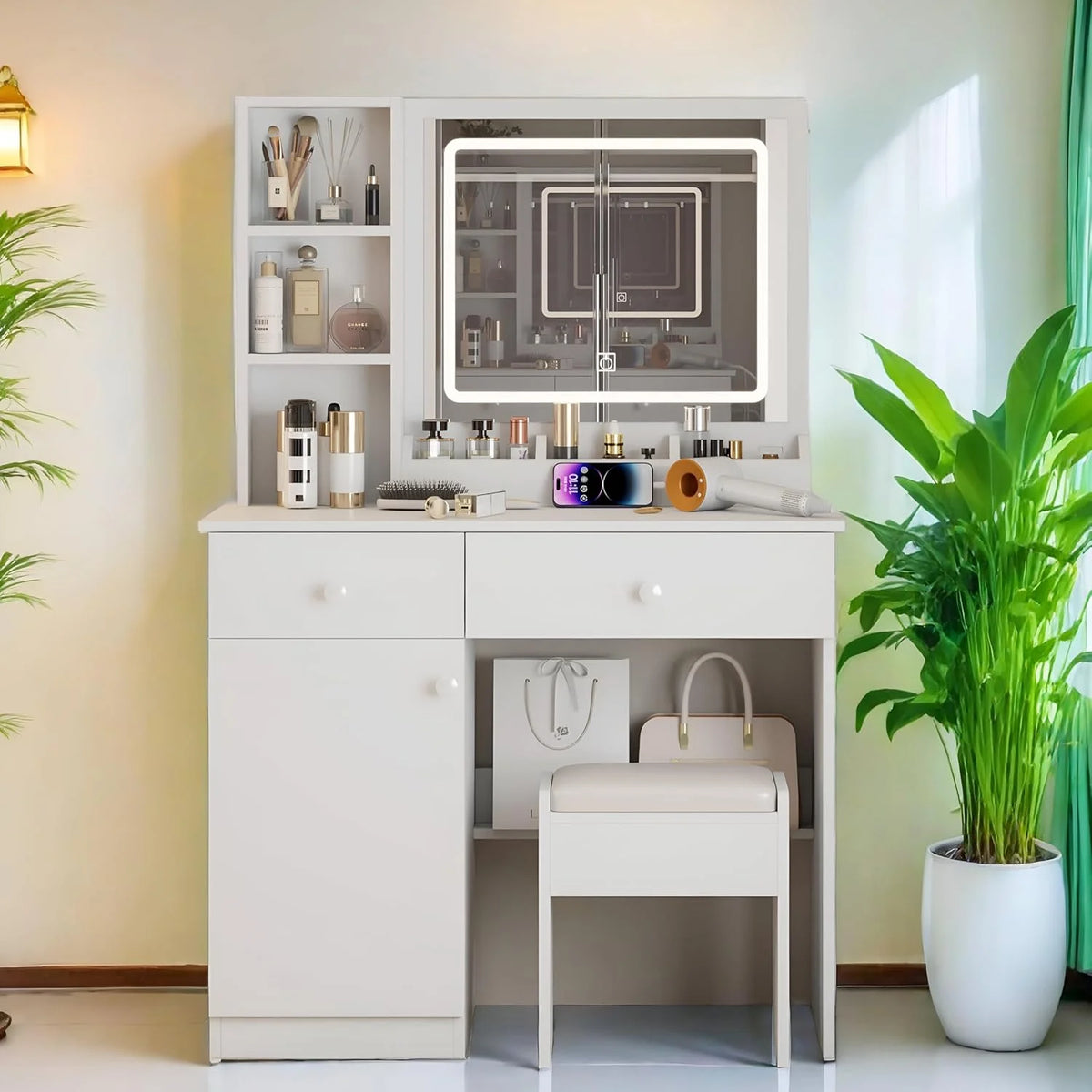 Montary Modern Mini Vanity w/Adjustable LED Mirror + Hidden Storage, Padded Stool & Dustproof Shelves (White)