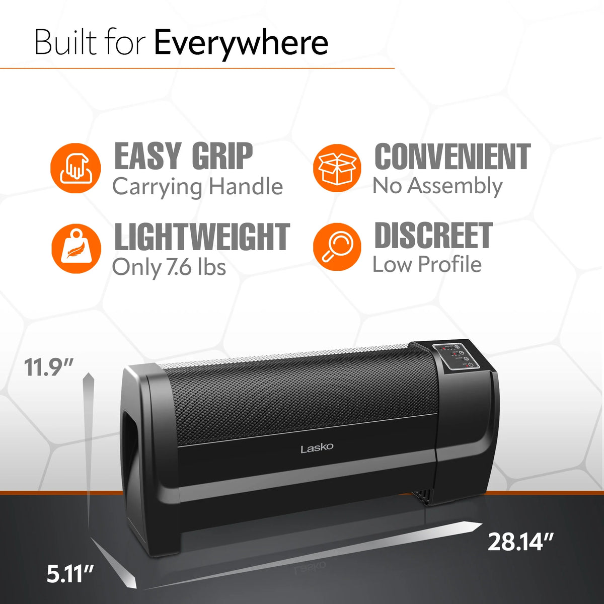 Lasko 12" 1500 Watt Low Profile Silent Space Heater with Timer, Black, RL12720