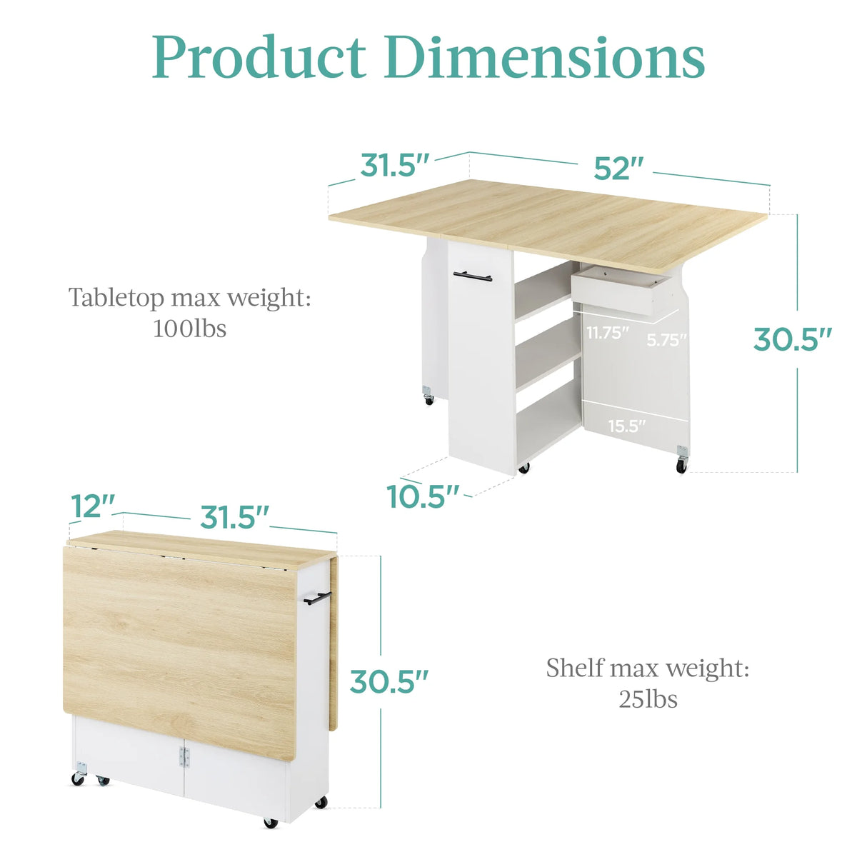 Best Choice Products Multipurpose Folding Table w/ Wheels, 3 Storage Shelves, Cubby, Handle - Brown