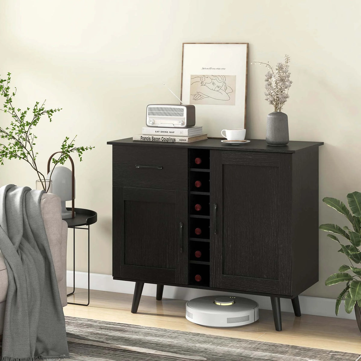 Costway 2-Door Wine Bar Cabinet Kitchen Sideboard Buffet with Drawer & Adjustable Shelves Natural