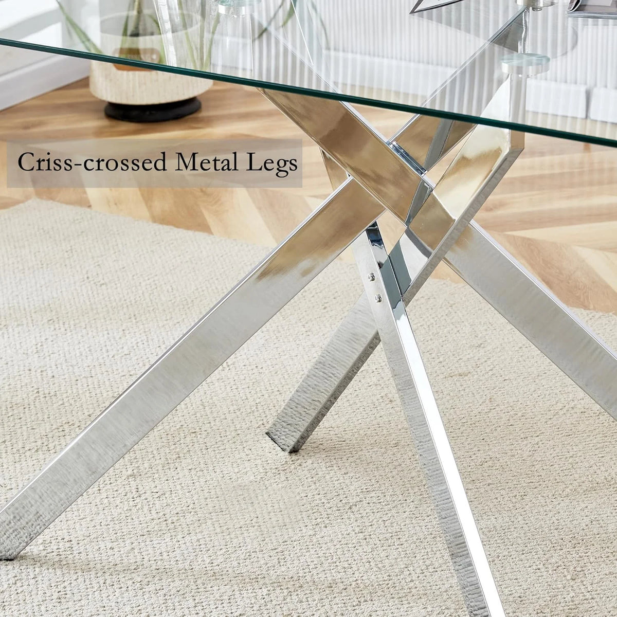 SSYBAB Glass Dining Table for 4 People, 51.2 Inches Rectangular Glass Kitchen Table with Silver Steel Legs, Modern Dining Room Table for Dinner Kitchen Dining Room