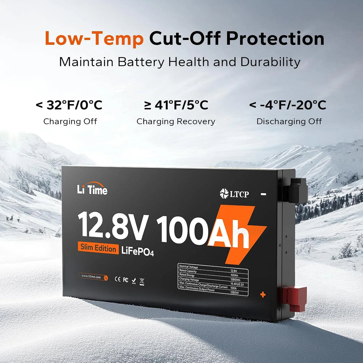 LiTime 12V 100Ah Slim LiFePO4 Battery-2.36" Ultra-Thin Design, Built-in 100A BMS with Low-Temp Protection, Fits into Tight Spaces, Ideal for RV, Solar & Marine Use