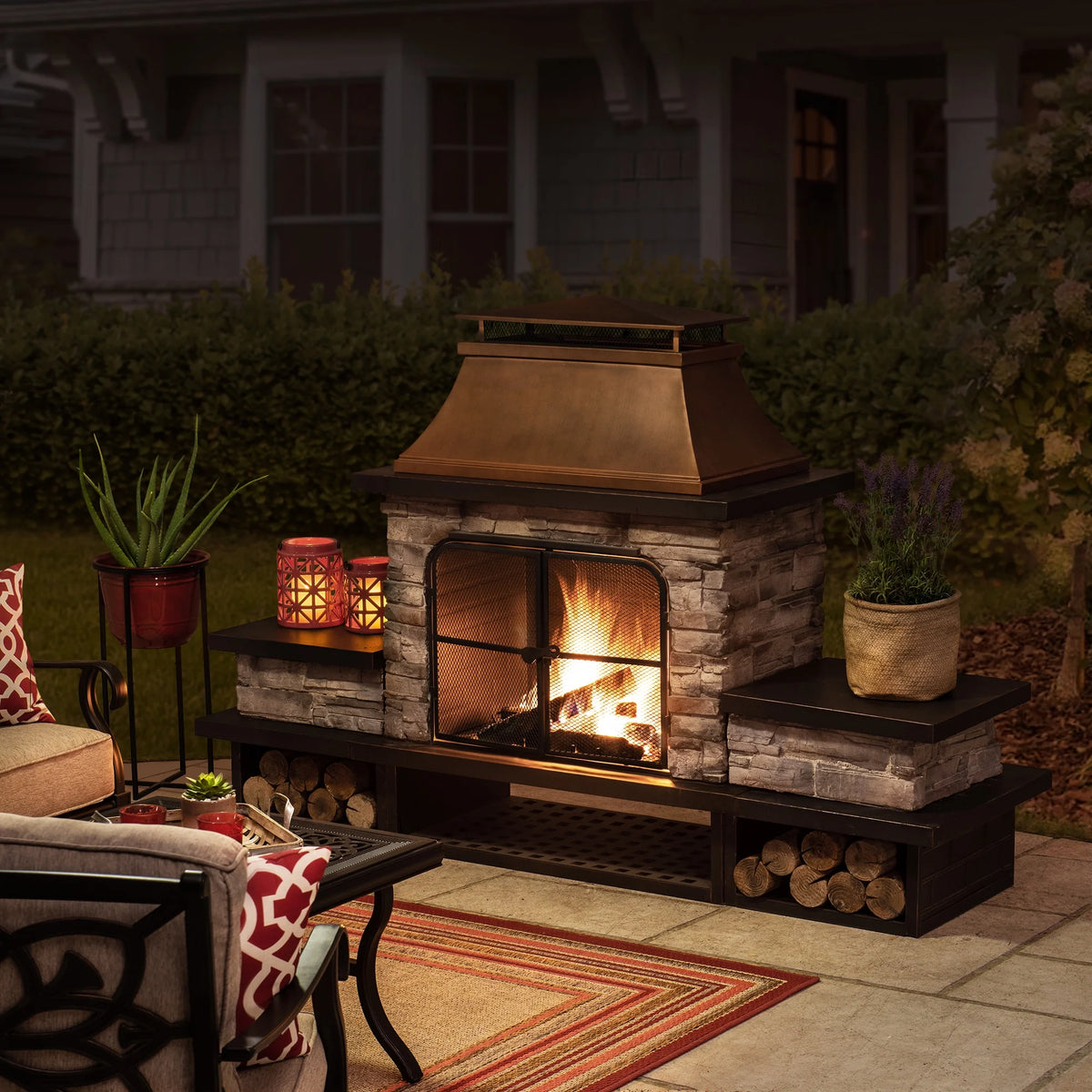 SUNJOY Outdoor 48 inch Steel Wood Burning Stone Fireplace with Fire Poker and Removable Grate