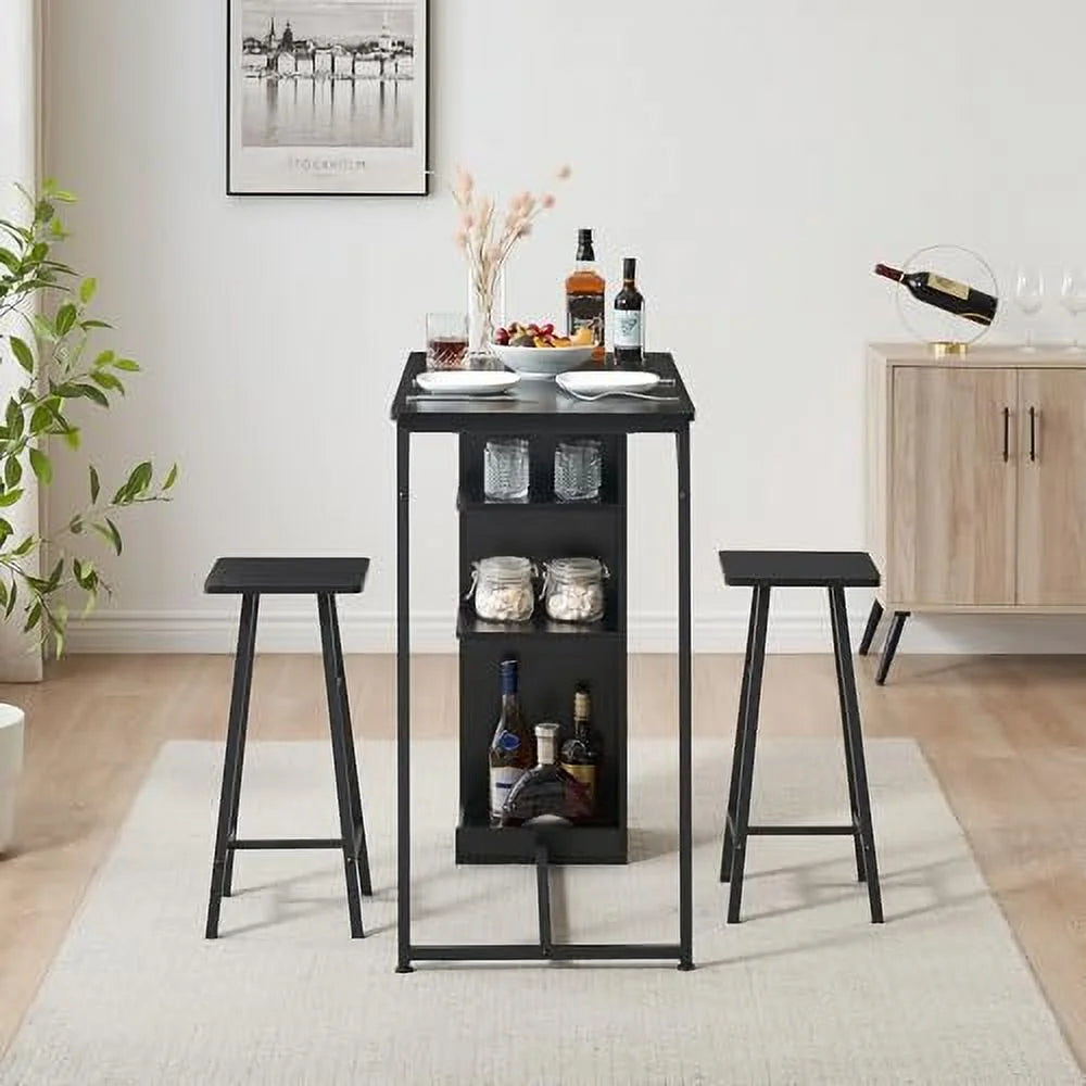 Dining Table Set, Bar Table and Chairs Set, 3-Piece Bar Table Set with Storage Drawer & Shelf, Steel Frame, Industrial, Rustic Brown, Space Saving Table for Small Apartment