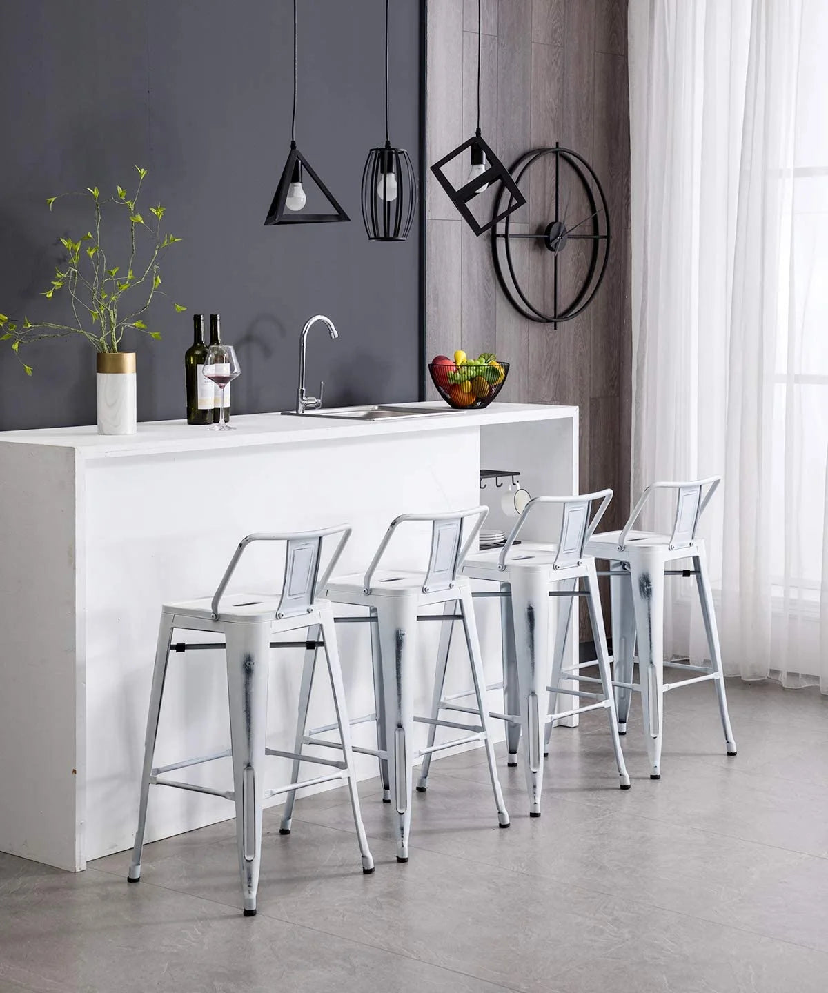 Andeworld 30" Low Back Distressed White Bar Stools Metal Barstools Counter Height Stools [Set of 4]