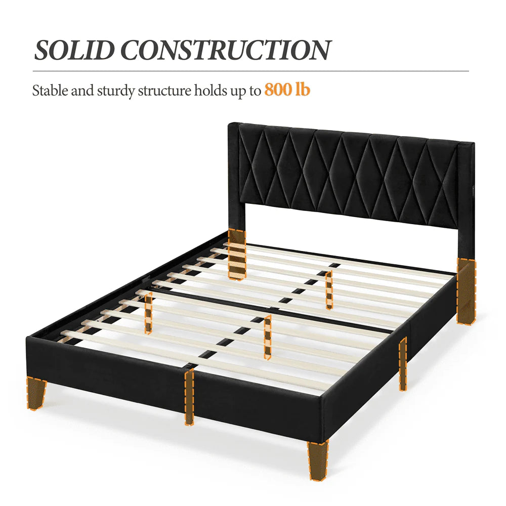 Topeakmart Queen Size Upholstered Platform Bed with Built-In USB Ports & Tufted Headboard, Black