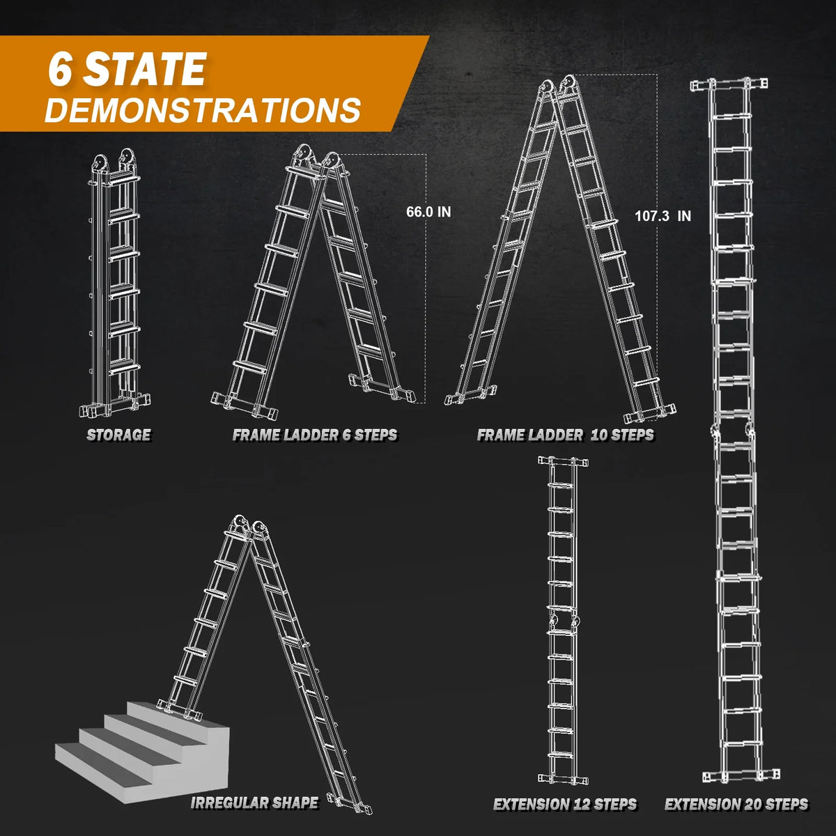 HBTower Ladder, A Frame 4 Step Extension Ladder, 14 Ft Multi Position Ladder with Removable Tool Tray and Stabilizer Bar, 330 lbs Capacity Telescoping Ladder for Household and Outdoor Work
