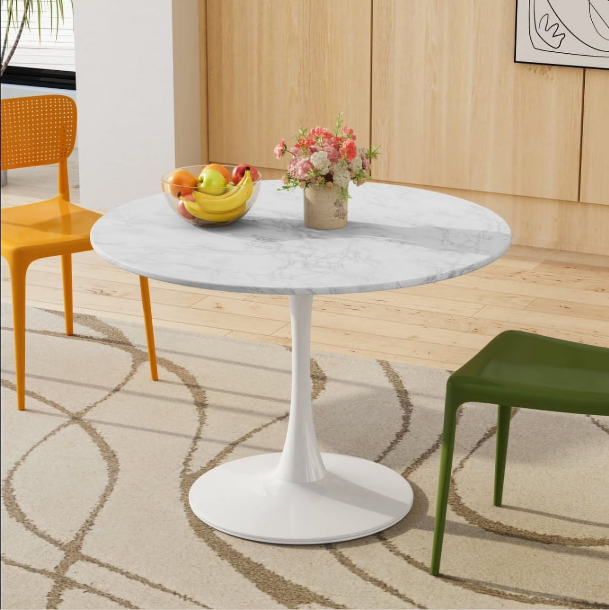 BSHTI Modern Round Dining Table with Round MDF Table Top,Metal Base Dining Table