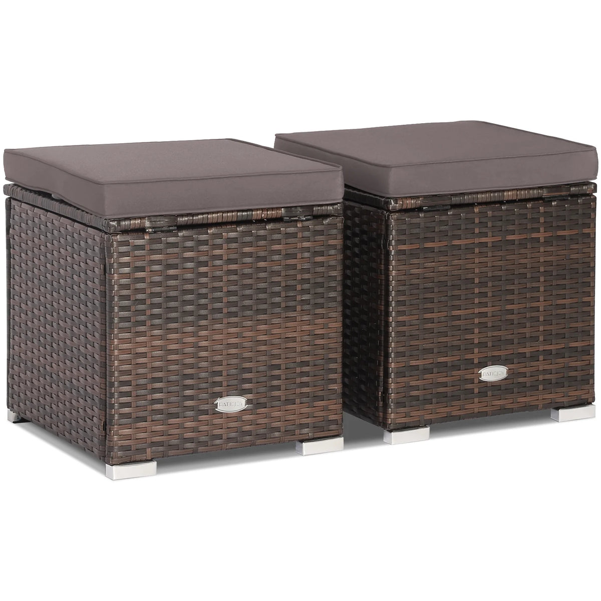 Costway 2PC Patio Rattan Ottoman Seat Side Table Storage Box Footrest Off White