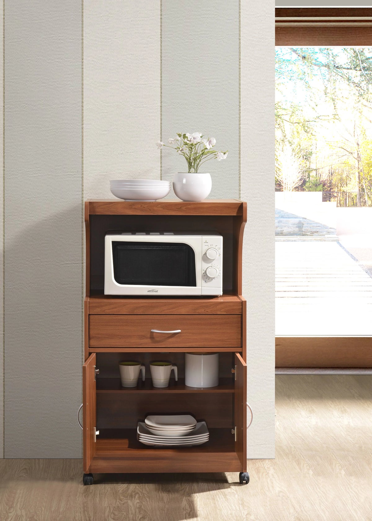 Hodedah Microwave Contemporary Wooden Kitchen Cart in Cherry Finish