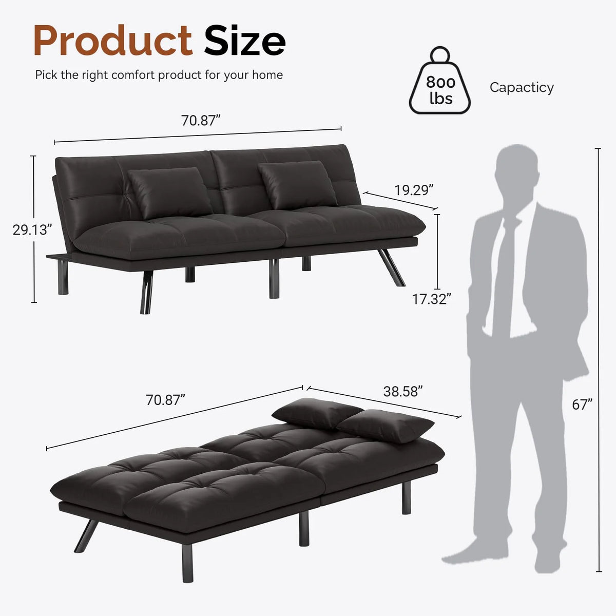 70���� Convertible Futon Sofa Bed Folding Bed Sleeper Couch for Living Room, Small Space or Office, Light Grey